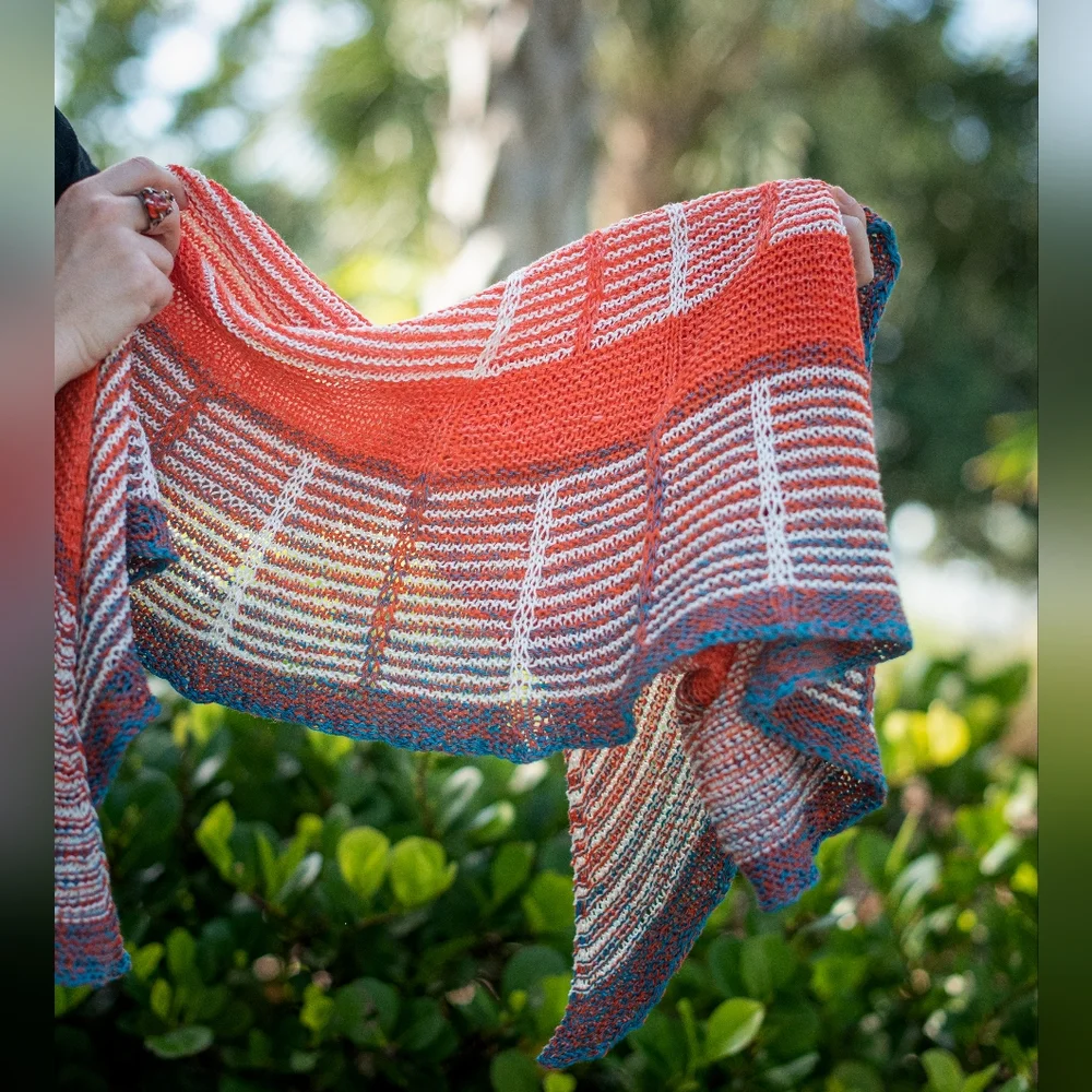 Hand Crafted OOAK Avantgarde Boho Striped Cotton Orange Blue Summer Knit Shawl - Picture 5 of 15